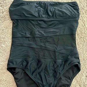 Black strapless see-through one piece swimsuit